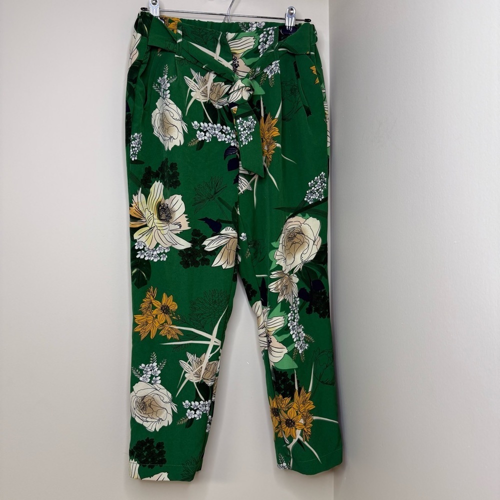 Eclipse Botanical Stretch Dress Pants Office | Green Beige Mustard Print Size 8